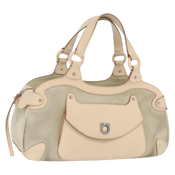 Salvatore Ferragamo Gancini Hand Bag Suede Beige Silver Auth 208154