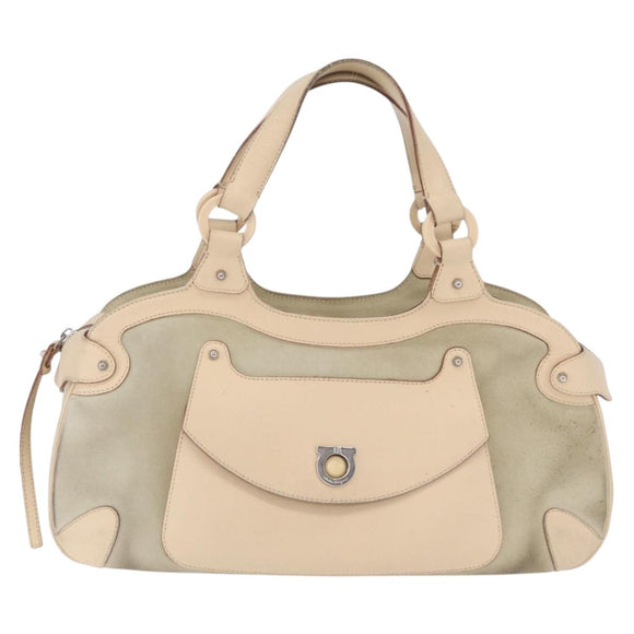 Salvatore Ferragamo Gancini Hand Bag Suede Beige Silver Auth 208154