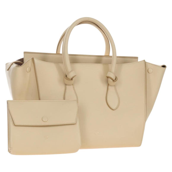 CELINE Tie bag Hand Bag Leather Beige Gold Tone Auth 208155V