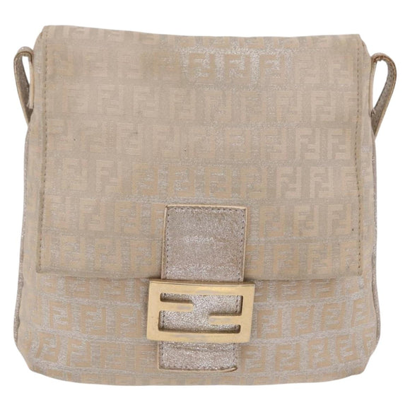 FENDI Zucchino Canvas Mamma Baguette Shoulder Bag Beige Gold 8BT075 Auth 208158