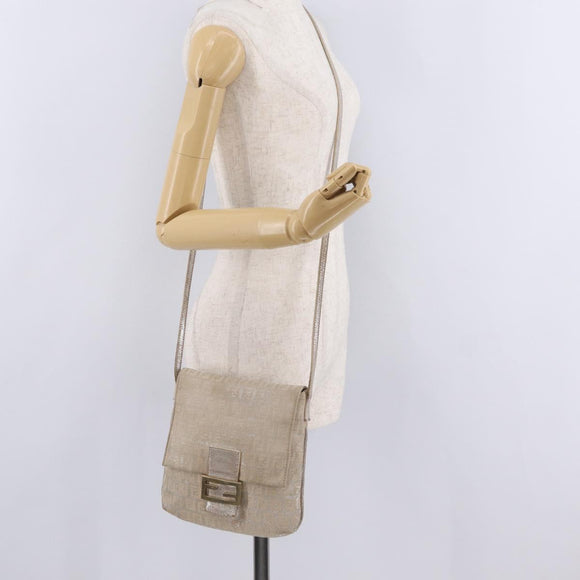 FENDI Zucchino Canvas Mamma Baguette Shoulder Bag Beige Gold 8BT075 Auth 208158