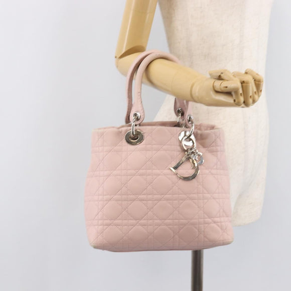 Christian Dior Cannage Lady Dior Hand Bag Lamb Skin Pink Silver Auth 208161