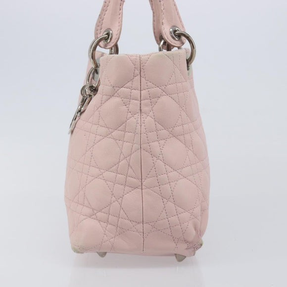 Christian Dior Cannage Lady Dior Hand Bag Lamb Skin Pink Silver Auth 208161