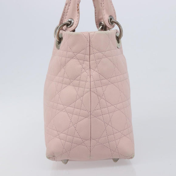 Christian Dior Cannage Lady Dior Hand Bag Lamb Skin Pink Silver Auth 208161
