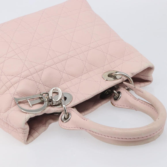 Christian Dior Cannage Lady Dior Hand Bag Lamb Skin Pink Silver Auth 208161