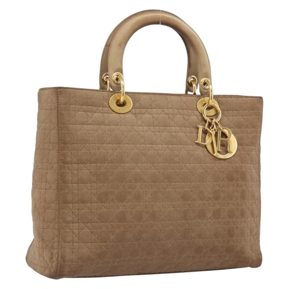 Christian Dior Cannage Lady Dior Hand Bag Nylon Beige Gold Tone Auth 208165