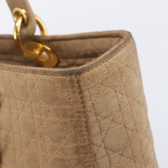 Christian Dior Cannage Lady Dior Hand Bag Nylon Beige Gold Tone Auth 208165