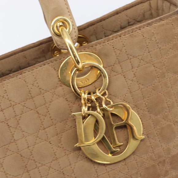 Christian Dior Cannage Lady Dior Hand Bag Nylon Beige Gold Tone Auth 208165