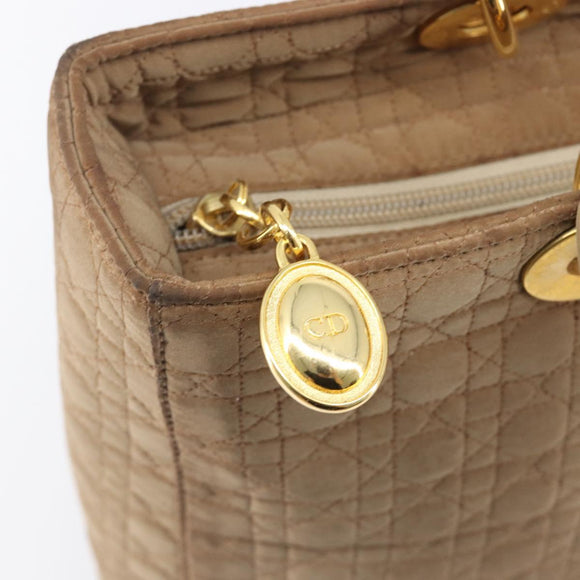 Christian Dior Cannage Lady Dior Hand Bag Nylon Beige Gold Tone Auth 208165