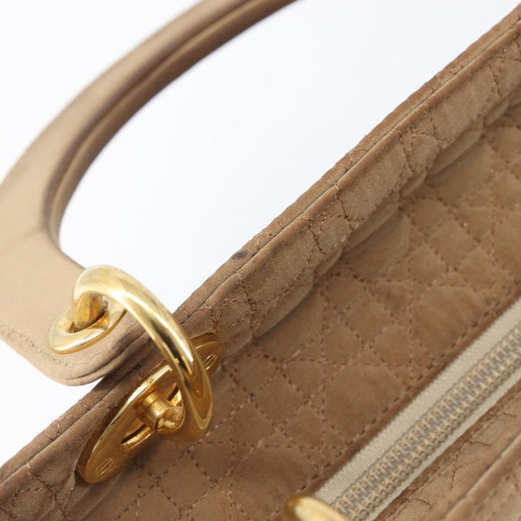 Christian Dior Cannage Lady Dior Hand Bag Nylon Beige Gold Tone Auth 208165