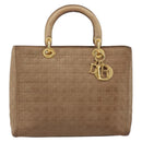 Christian Dior Cannage Lady Dior Hand Bag Nylon Beige Gold Tone Auth 208165-13
