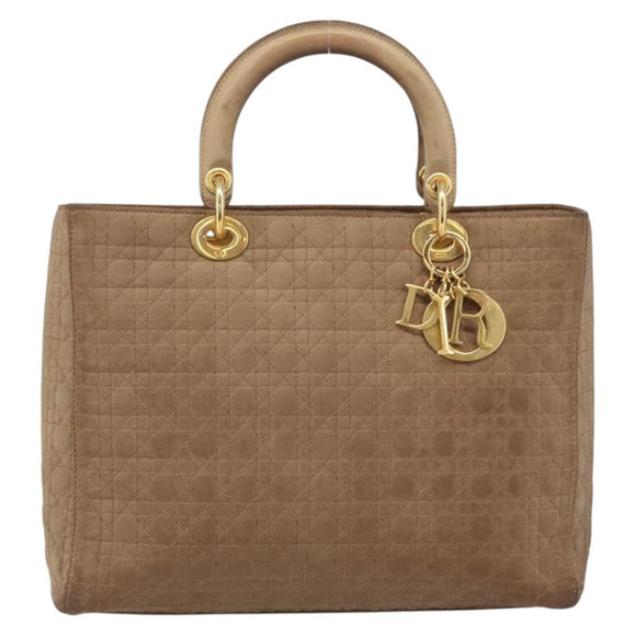Christian Dior Cannage Lady Dior Hand Bag Nylon Beige Gold Tone Auth 208165