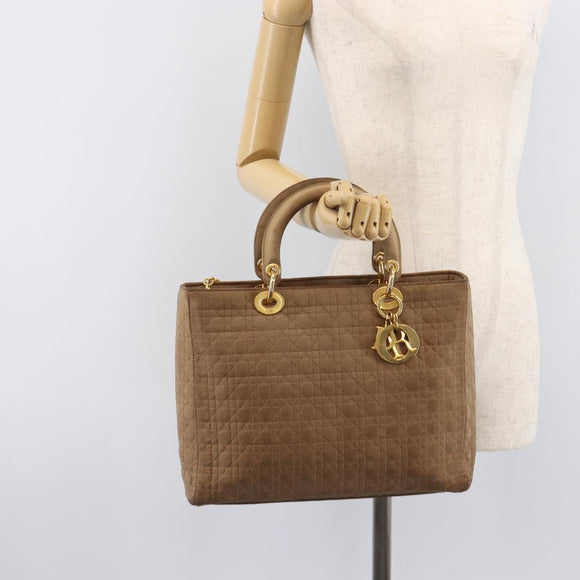 Christian Dior Cannage Lady Dior Hand Bag Nylon Beige Gold Tone Auth 208165