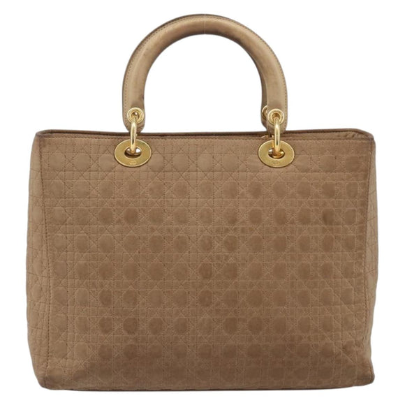 Christian Dior Cannage Lady Dior Hand Bag Nylon Beige Gold Tone Auth 208165