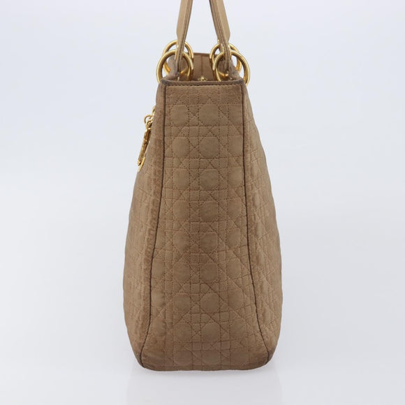 Christian Dior Cannage Lady Dior Hand Bag Nylon Beige Gold Tone Auth 208165