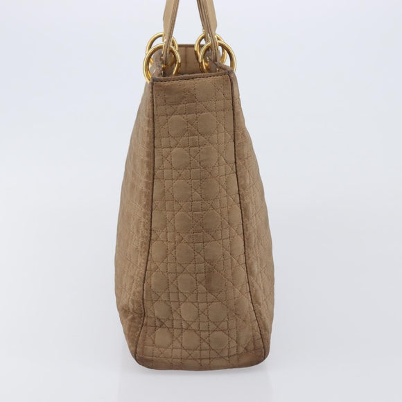 Christian Dior Cannage Lady Dior Hand Bag Nylon Beige Gold Tone Auth 208165