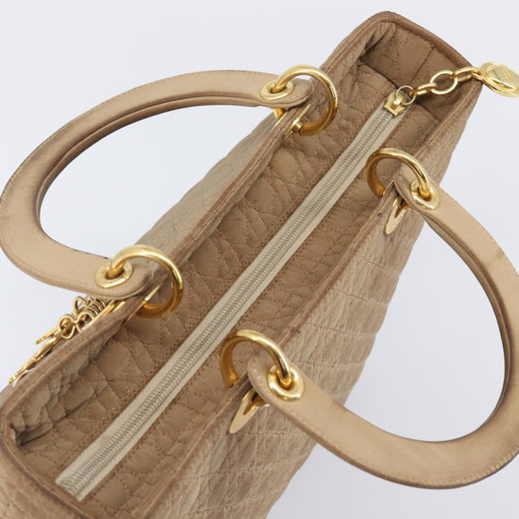 Christian Dior Cannage Lady Dior Hand Bag Nylon Beige Gold Tone Auth 208165