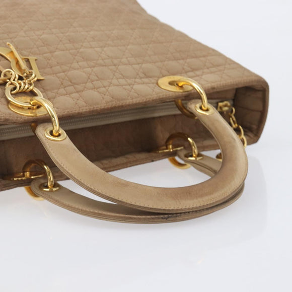 Christian Dior Cannage Lady Dior Hand Bag Nylon Beige Gold Tone Auth 208165