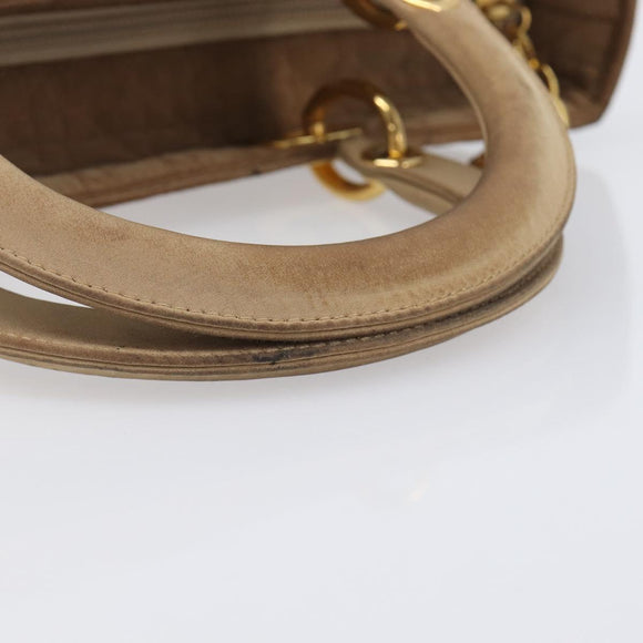 Christian Dior Cannage Lady Dior Hand Bag Nylon Beige Gold Tone Auth 208165