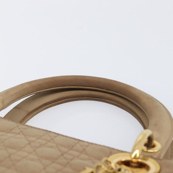 Christian Dior Cannage Lady Dior Hand Bag Nylon Beige Gold Tone Auth 208165