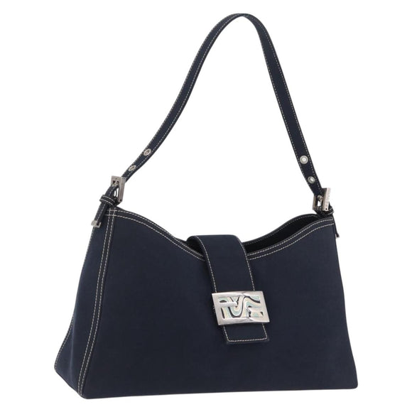 FENDI Mamma Baguette Shoulder Bag Canvas Navy Silver Auth 208169V