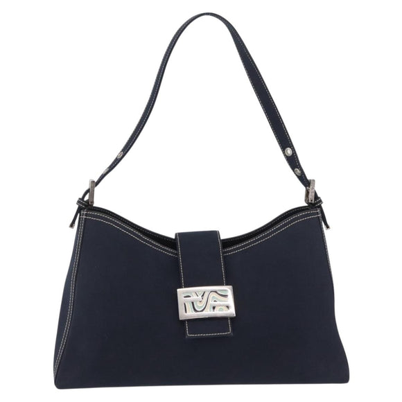 FENDI Mamma Baguette Shoulder Bag Canvas Navy Silver Auth 208169V