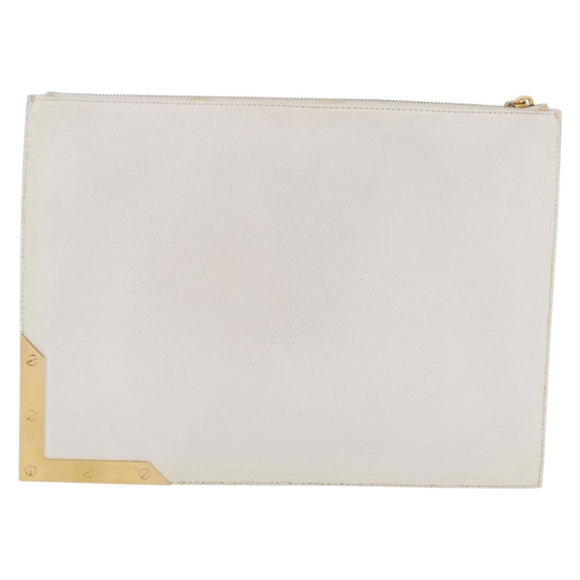 CELINE Clutch Bag Leather White Gold Tone Auth 208173
