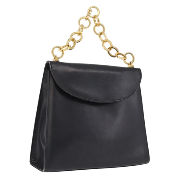 Salvatore Ferragamo Chain Hand Bag Leather Black Gold Auth 208207A
