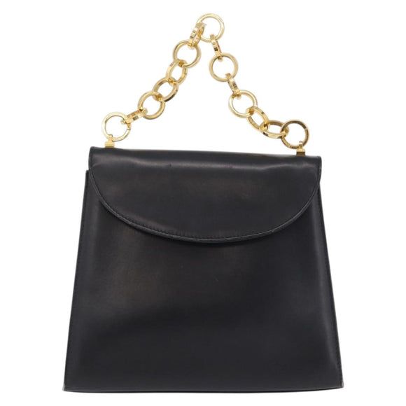 Salvatore Ferragamo Chain Hand Bag Leather Black Gold Auth 208207A