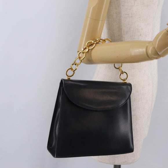 Salvatore Ferragamo Chain Hand Bag Leather Black Gold Auth 208207A