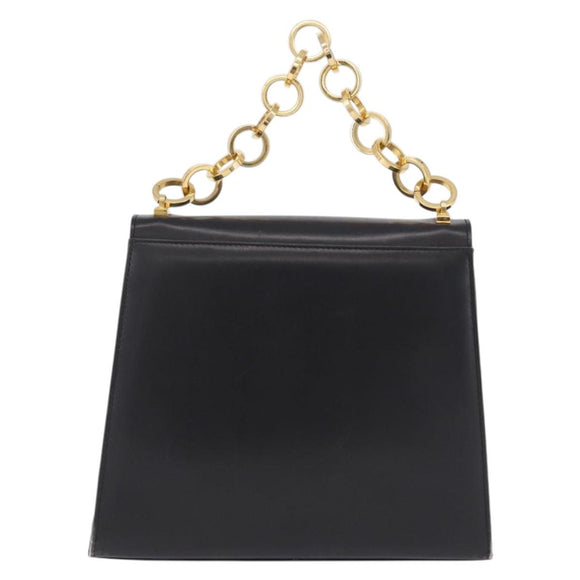 Salvatore Ferragamo Chain Hand Bag Leather Black Gold Auth 208207A