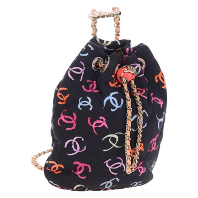 CHANEL Matelasse Chain Backpack Cotton Navy Gold CC Auth 208212SM