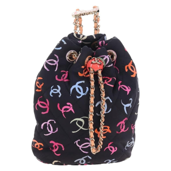 CHANEL Matelasse Chain Backpack Cotton Navy Gold CC Auth 208212SM