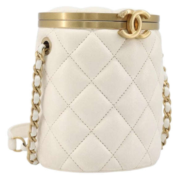 CHANEL Matelasse Chain Vanity Shoulder Bag Lamb Skin Ivory Gold CC Auth 208213M