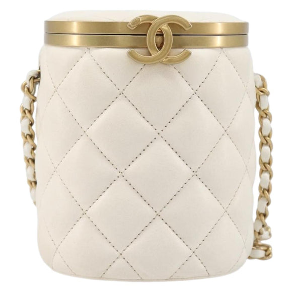 CHANEL Matelasse Chain Vanity Shoulder Bag Lamb Skin Ivory Gold CC Auth 208213M