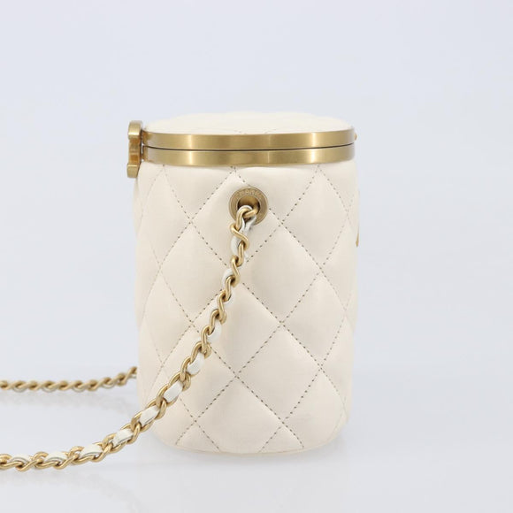 CHANEL Matelasse Chain Vanity Shoulder Bag Lamb Skin Ivory Gold CC Auth 208213M