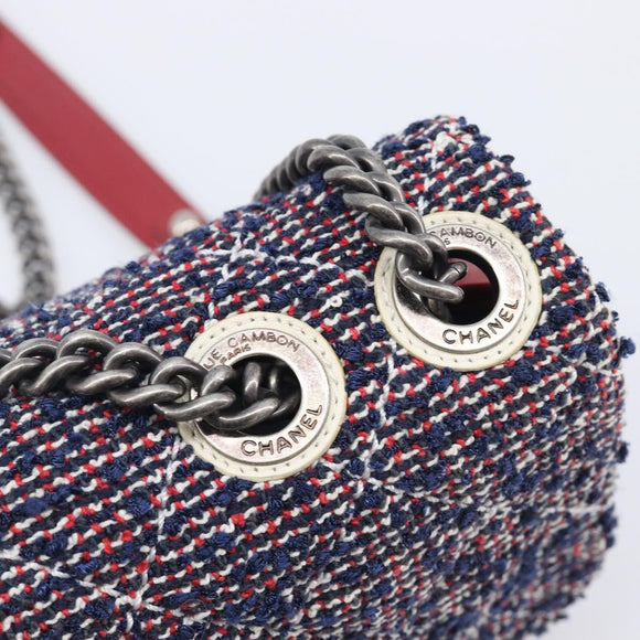CHANEL Matelasse 25 Chain Shoulder Bag Tweed Navy Silver CC Auth 208214SAM