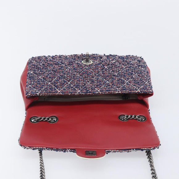 CHANEL Matelasse 25 Chain Shoulder Bag Tweed Navy Silver CC Auth 208214SAM