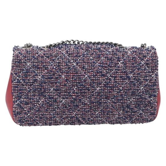CHANEL Matelasse 25 Chain Shoulder Bag Tweed Navy Silver CC Auth 208214SAM