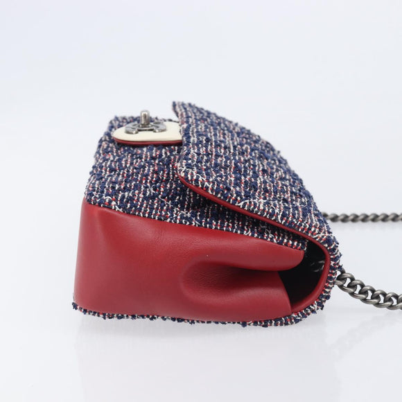 CHANEL Matelasse 25 Chain Shoulder Bag Tweed Navy Silver CC Auth 208214SAM