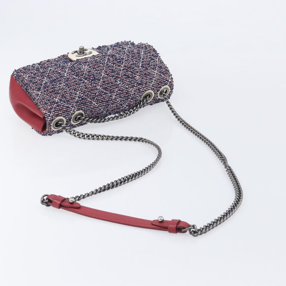 CHANEL Matelasse 25 Chain Shoulder Bag Tweed Navy Silver CC Auth 208214SAM