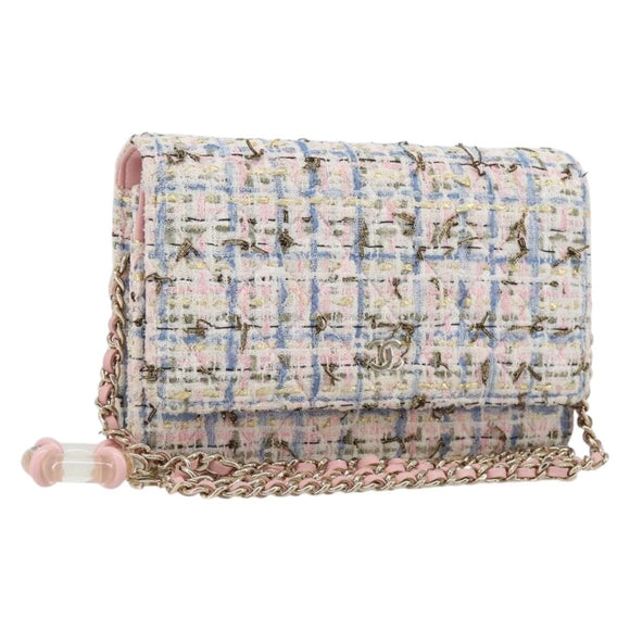 CHANEL Chain Shoulder Bag Tweed Pink Gold CC Auth 208216SAM
