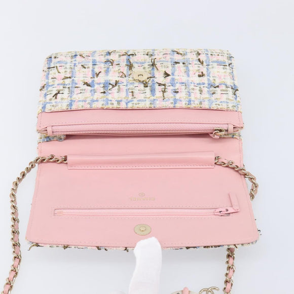 CHANEL Chain Shoulder Bag Tweed Pink Gold CC Auth 208216SAM
