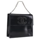 CHANEL Chain Hand Bag Patent leather Black Silver CC Auth 208219A-1