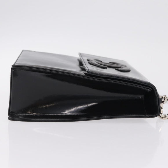 CHANEL Chain Hand Bag Patent leather Black Silver CC Auth 208219A