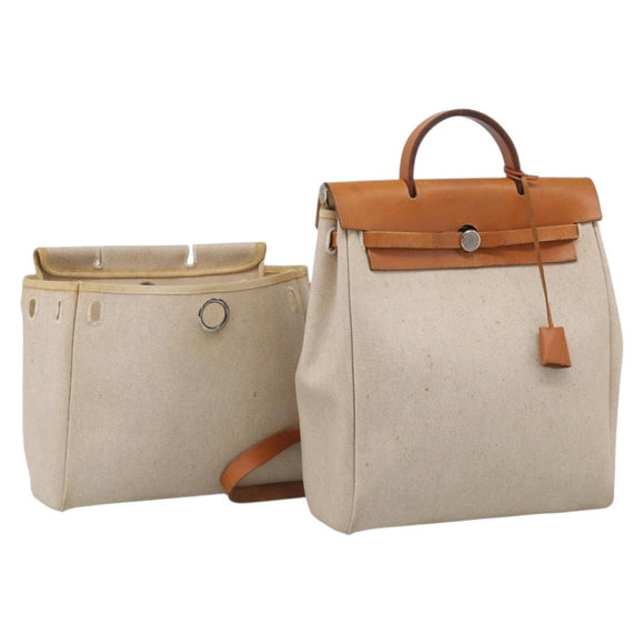 HERMES Herbag Ad Backpack Canvas 2way Beige Silver Auth 208232