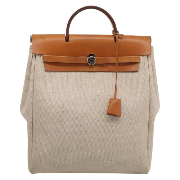 HERMES Herbag Ad Backpack Canvas 2way Beige Silver Auth 208232