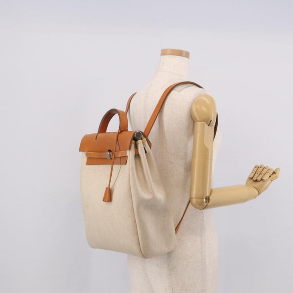 HERMES Herbag Ad Backpack Canvas 2way Beige Silver Auth 208232