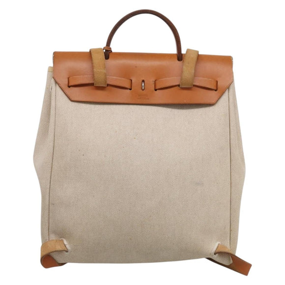 HERMES Herbag Ad Backpack Canvas 2way Beige Silver Auth 208232