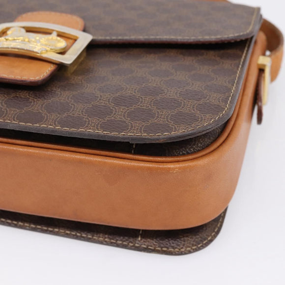 CELINE Macadam Canvas Horse Carriage Bag PVC Leather Brown Gold Auth 208243